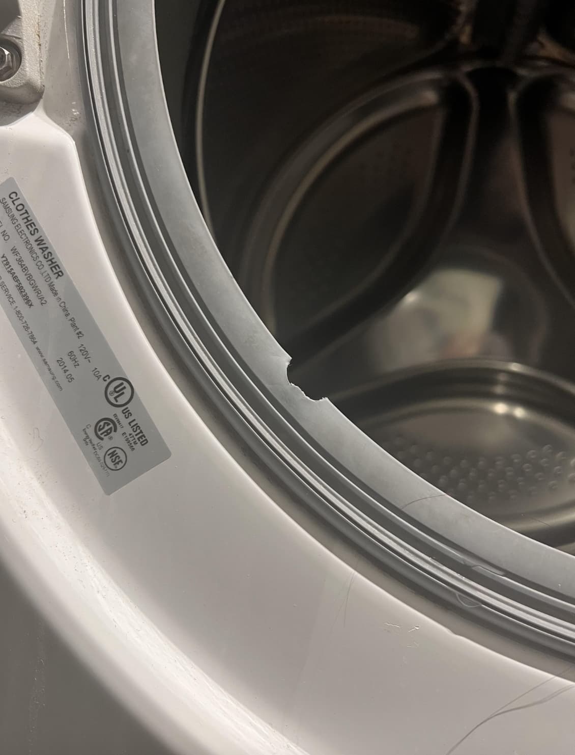 Washing machine - Clothes Washer Samsung Electronics Co. Ltd Made in China, Plant 120V 10AC No. WF364BVBGWRA2 Y7915AEF502396X 60Hz 2014.05 Ulus Listed BV417 E19 Us 566 Nse Service 18007267864